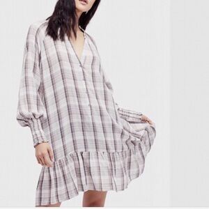 FREE PEOPLE Red Moon Plaid Mini Dress Neutral Combo